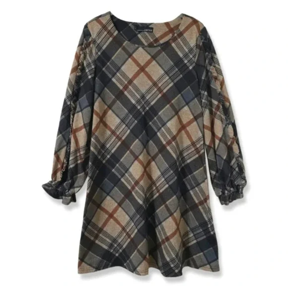 CHETTA B Bias Plaid 3/4 Sleeve Mini Knit Dress, Ruffle Details, Size M - Picture 2 of 15
